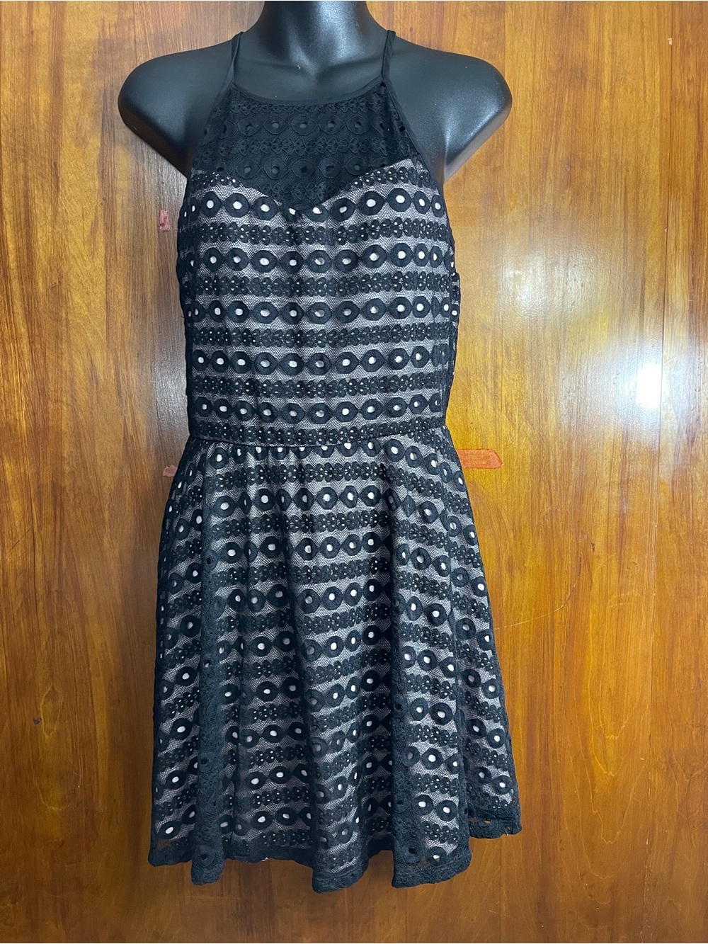 As U Wish Black Illusion Lace Halter Illusion Mini Skater Dress Size M